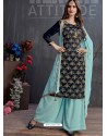 Navy And Sky Blue Heavy Georgette Satin Palazzo Suit