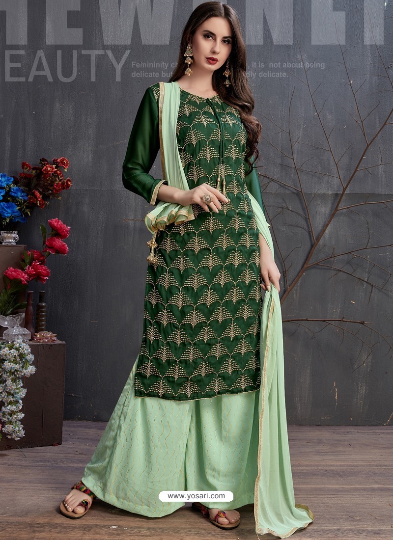 Georgette Fabric Wedding Wear Fancy Embroidered Palazzo Salwar Suit In Sea  Green Color