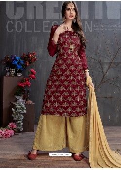 Maroon And Beige Heavy Georgette Satin Palazzo Suit