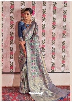 Trendy Golden And Blue Weaving Silk Wedding Party Wear Saree