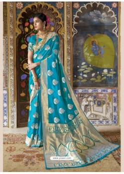 Fabulous Sky Blue Cream Weaving Silk Wedding Party Wear Saree