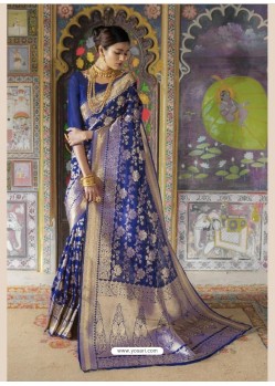 Glossy Royal Blue Weaving Silk Wedding Party Wear Saree