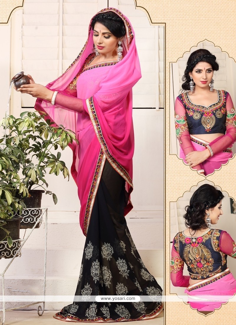 Pink And Black Weight Less Casual Saree