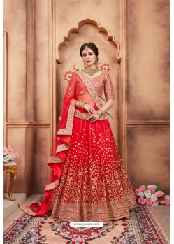 Awesome Red Heavy Embroidered Party Wear Lehenga Choli