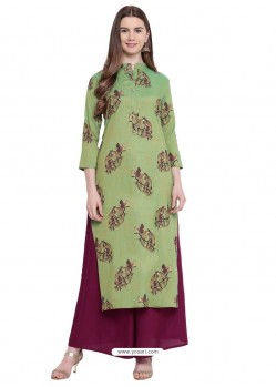 Green And Wine Cotton Readymade Kurti With Bottom