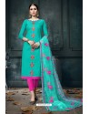 Dashing Sky Blue Embroidered Straight Salwar Suit