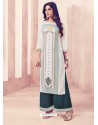 White And Teal Rayon Printed Readymade Kurti With Palazzo