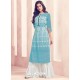 Sky Blue Rayon Printed Readymade Kurti With Palazzo