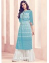 Sky Blue Rayon Printed Readymade Kurti With Palazzo