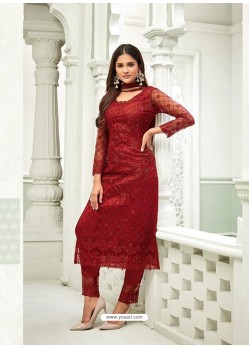 Ravishing Red Embroidery Designer Straight Salwar Suit