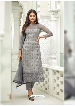 Fabulous Grey Embroidery Designer Straight Salwar Suit