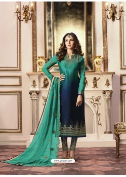 Awesome Teal And Blue Embroidered Straight Salwar Suit