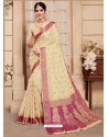 Awesome Cream Silk Wedding Party Wear Saree