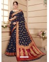 Classy Navy Blue Silk Wedding Party Wear Saree