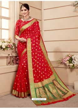 Trendy Red Silk Wedding Party Wear Saree