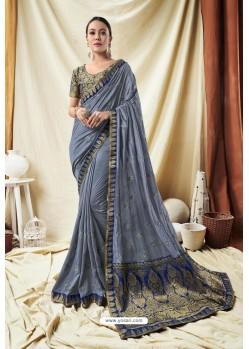 Classy Grey Silk Wedding Party Wear Saree