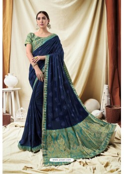 Fabulous Blue Cream Silk Wedding Party Wear Saree