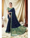 Fabulous Blue Cream Silk Wedding Party Wear Saree