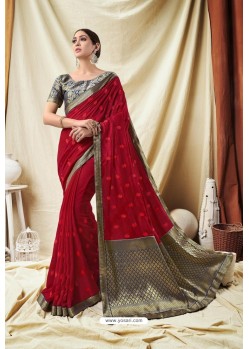 Glossy Red Silk Wedding Party Wear Saree