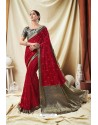 Glossy Red Silk Wedding Party Wear Saree