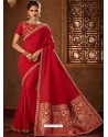 Red Designer Embroidered Jacquard Worked Saree
