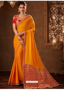 Yellow Designer Embroidered Jacquard Worked Saree