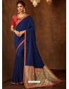 Navy Blue Designer Embroidered Jacquard Worked Saree