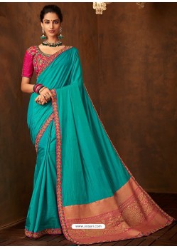 Tuquoise Designer Embroidered Jacquard Worked Saree