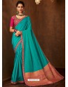 Tuquoise Designer Embroidered Jacquard Worked Saree