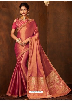 Light Red Designer Embroidered Jacquard Worked Saree