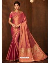 Light Red Designer Embroidered Jacquard Worked Saree