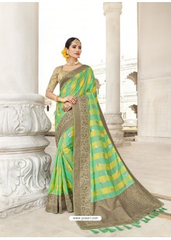 Green And Yellow Silk Stone Worked Party Wear Saree