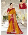 Classy Mustard Silk Embroidered Party Wear Saree