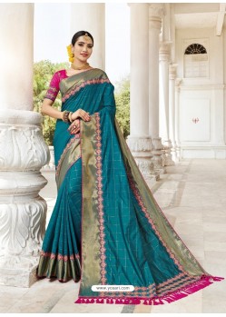 Teal Blue Silk Stone Worked Party Wear Saree