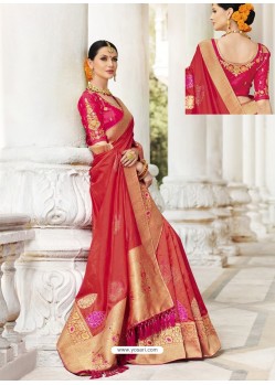 Light Red Silk Stone Worked Party Wear Saree
