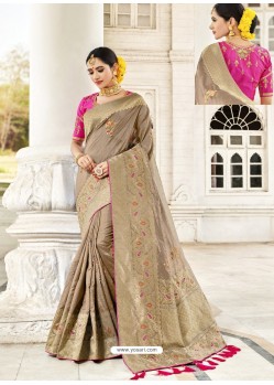 Taupe Silk Stone Worked Party Wear Saree