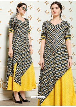 Yellow And Multi Coloured Pure Rayon Chex Worked Readymade Kurti