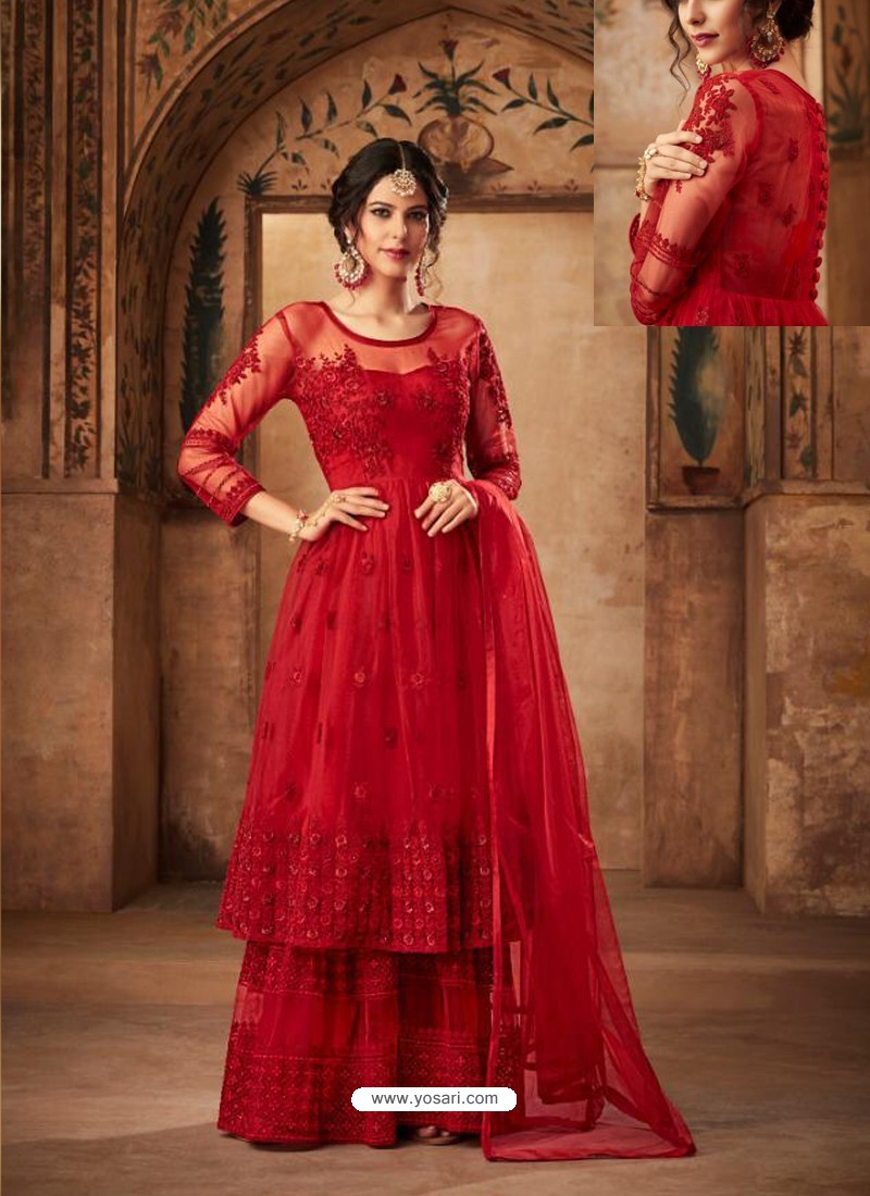 Buy Red Net Embroidered Designer Sharara Suit | Palazzo Salwar Suits