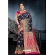 Classy Navy Blue Silk Wedding Party Wear Saree