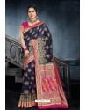 Classy Navy Blue Silk Wedding Party Wear Saree