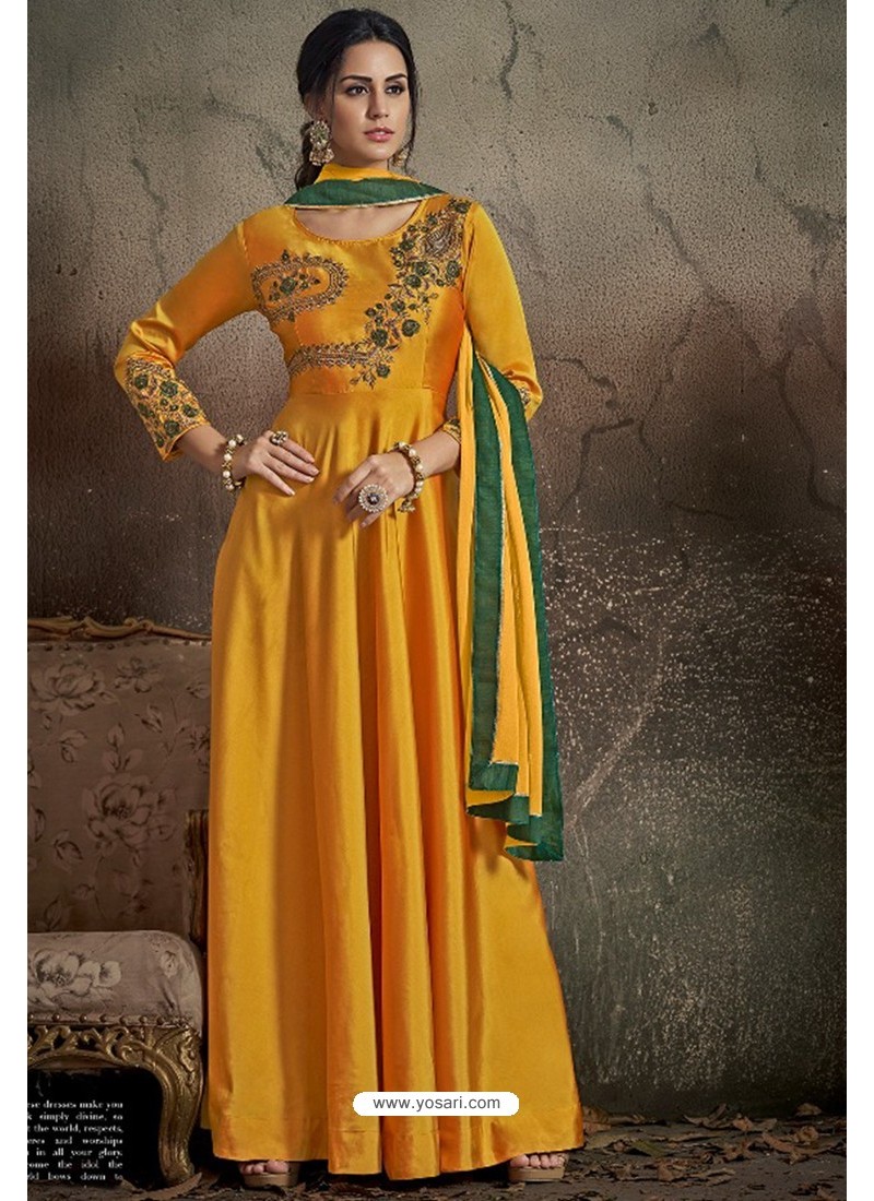 Party Wear Indian Bridal Yellow Silk Net Gown Dupatta Readymade Elegant  Dresses | eBay