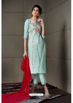 Fabulous Sky Blue Embroidered Straight Salwar Suit