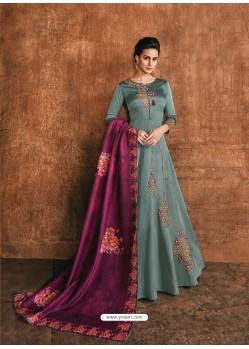 Aqua Grey Heavy Rayon Gold Fancy Embroidered Anarkali Suit