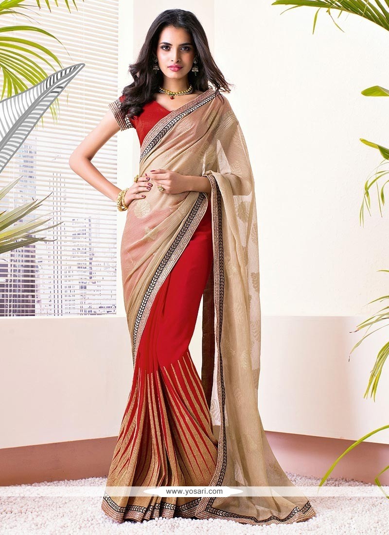 Beige And Red Faux Chiffon Half And Half Saree