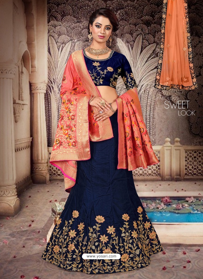 Lehenga Choli in Blue And Orange Color (£135) | Designer lehenga choli,  Lehenga choli, Silk lehenga