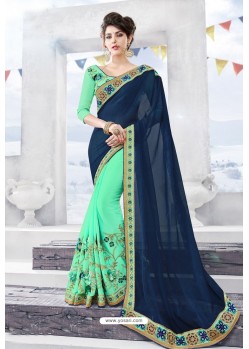 Navy And Sea Green Georgette Embroidered Designer Saree