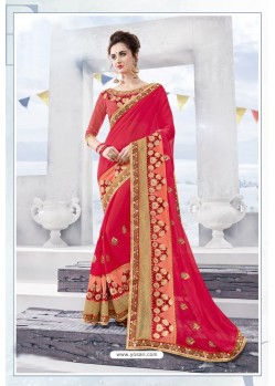 Pretty Red Georgette Embroidered Designer Saree