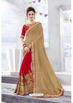 Beige And Red Georgette Embroidered Designer Saree