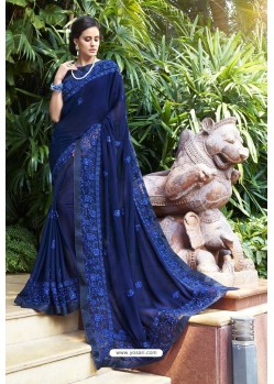 Navy Blue Georgette Embroidered Designer Saree