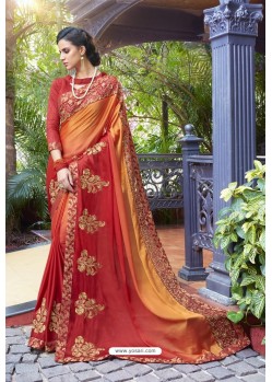 Red And Mustard Georgette Embroidered Designer Saree